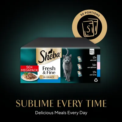 Megabalení Sheba Fresh & Fine čerstvé kapsičky 50 ks (50 x 50 g) - s treskou, lososem a tuňákem v omáčce Megabalení Sheba Fresh & Fine čerstvé kapsičky 50 ks (50 x 50 g) - s treskou, lososem a tuňákem v omáčce