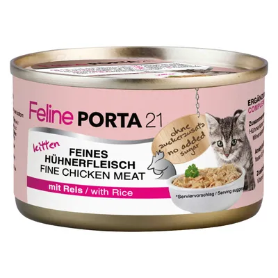 Feline Porta 21 kitten, feines Hühnerfleisch, fine chicken meat, mit Reis, ohne Zuckerzusatz, no added sugar. Konzerva z mačjo hrano s piščancem in rižem za mladiče.