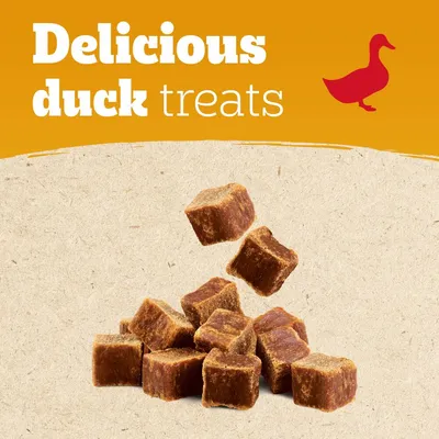 Image showing cubes of duck treats with the text 'Delicious duck treats' and a red duck icon, highlighting product flavour and type.