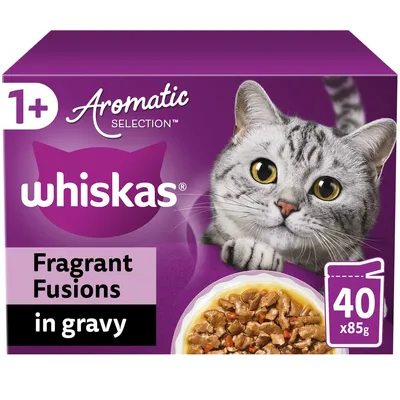 Whiskas Aromatic Selection Fragrant Fusions in gravy, 40 pouches of 85g each, suitable for age 1 plus.