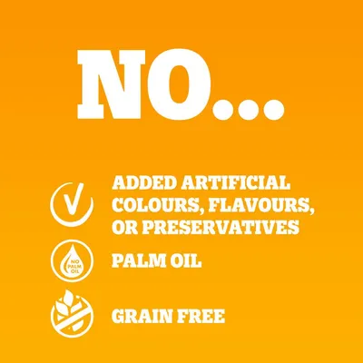 No added artificial colours, flavours or preservatives, no palm oil, grain free.