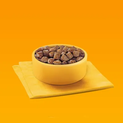 Bowl filled with chunks of wet pet food in gravy, placed on a folded yellow napkin against an orange background.