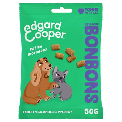 Edgard Cooper Bonbons, petits morceaux, pomme myrtille, 50g. Faible en calories, oui vraiment.