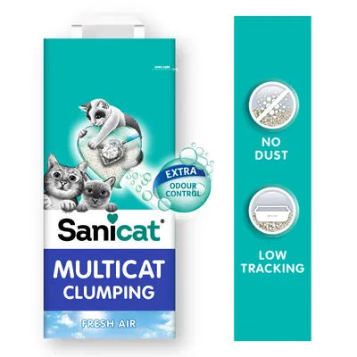 Sanicat Multicat Clumping Katzenstreu, Fresh Air Duft, extra Geruchskontrolle, staubfrei und geringe Streuung.