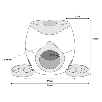 Schéma d’une maisonnette pour animaux avec dimensions : hauteur 18 cm, largeur 29 cm, profondeur 19 cm, ouverture avant diamètre 7 cm, deux éléments ronds diamètre 19 cm chacun.