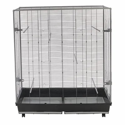 Large cage with metal mesh walls, black plastic base and removable drawers. Suitable for small animals or birds.
