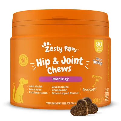 Zesty Paws Hip & Joint Chews, 90 soft chews. Mobility support with glucosamine, chondroitin, green lipped mussel. For joint health, lubrication, cartilage health. Rich in turkey.