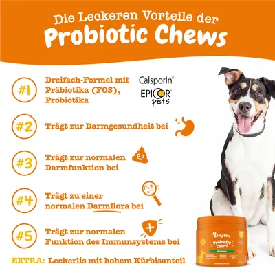 Texte en allemand : Die Leckeren Vorteile der Probiotic Chews. Dreifach-Formel mit Präbiotika (FOS), Probiotika. Calsporin, Epicor pets. Extra : Leckerlis mit hohem Kürbisanteil.