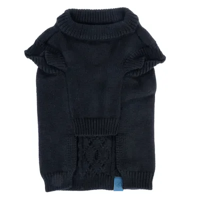Pull pour chien en maille noire, col rond, manches courtes, motif torsadé sur le dos, étiquette bleue visible en bas à droite.