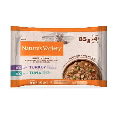 Nature's Variety Bites in Gravy, 4x85g, z indykiem i tuńczykiem. Kompletny i zbilansowany. Bez sztucznych barwników, aromatów i konserwantów. Z naturalnych składników.