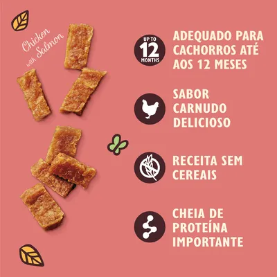 Chicken with Salmon. Adequado para cachorros até aos 12 meses. Sabor carnudo delicioso. Receita sem cereais. Cheia de proteína importante.