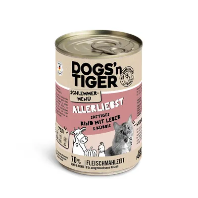 Dogs'n Tiger Schlemmer-Menü Allerliebst, juicy beef with liver & pumpkin. 70% beef & chicken, meat meal for adult cats. Made in Germany.