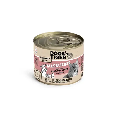 Dogs'n Tiger Schlemmer-Menü Allerliebst, ζουμερό βοδινό με συκώτι και κολοκύθα, 70% βοδινό και κοτόπουλο, γεύμα κρέατος για ενήλικες γάτες.