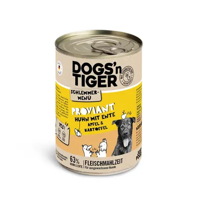 DOGS'n TIGER Schlemmer-Menü Proviant Huhn mit Ente, Apfel & Kartoffel. 63% Huhn & Ente. Fleischmahlzeit für ausgewachsene Hunde.