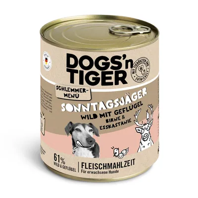 Dogs'n Tiger Sonntagsjäger Schlemmer-Menü: Wild mit Geflügel, Birne & Esskastanie. Fleischmahlzeit für erwachsene Hunde, 61% Wild & Geflügel. Mit Tierärzten entwickelt, Made in Germany.