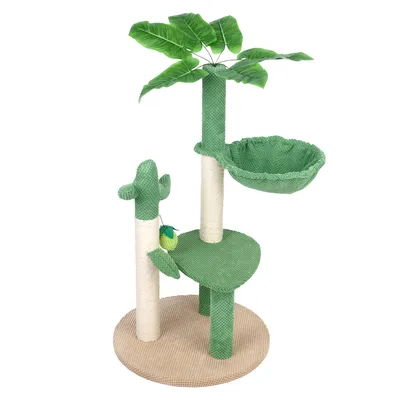 Krabpaal met groene stoffen bekleding, sisalstammen, platforms en speelgoed. Ontwerp met bladeren en plantenmotieven.