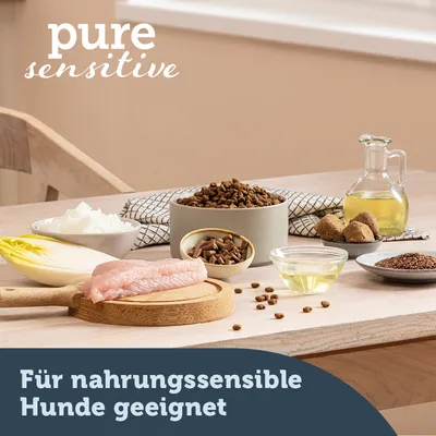 pure sensitive. Für nahrungssensible Hunde geeignet. Ingrédients visibles : filet de viande crue, endive, riz, croquettes, huile, graines, boulettes. Texte en allemand.