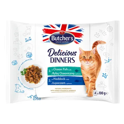 Butcher's Delicious Dinners pour chat, 2x Ocean Fish in jelly, 2x Haddock in jelly, 4 x 100 g. Ingrédients naturels avec vitamines et minéraux ajoutés. Texte en anglais et polonais.