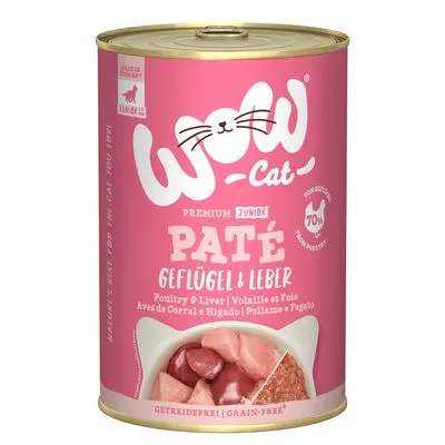WOW Cat Premium Junior Paté Geflügel & Leber, 70% gevogelte, graanvrij. Blik kattenvoer met afbeelding van paté en stukjes vlees. Tekst in Duits en Engels zichtbaar.