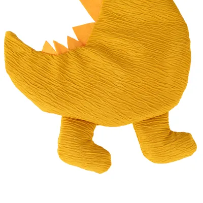 Yellow fabric toy in the shape of a dinosaur with orange spikes. Suitable for pets for playing or cuddling.