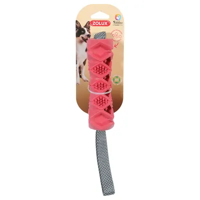 Zolux Hundespielzeug, rot mit strukturierten Oberflächen. Verpackung zeigt Hund und Hinweise: 100% recyceltes Material, für Tiere geeignet.