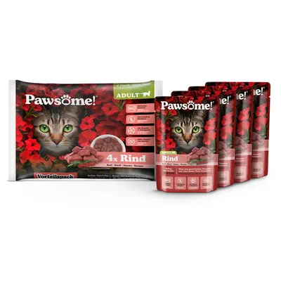 Pawsome! Adult выгодная упаковка, 4x говядина в соусе. Свежие ингредиенты, без зерна, без добавления сахара, без тестирования на животных. Меню с кусочками, богатыми белком, для кошек.