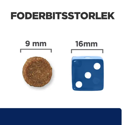 Foderbitsstorlek: rund foderbit 9 mm bredvid blå tärning 16 mm, med måttangivelser ovanför respektive objekt.