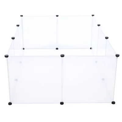 Transparenter Gehege aus Plexiglas mit schwarzen Verbindungselementen, rechteckige Form, geeignet für die Abgrenzung von Bereichen.