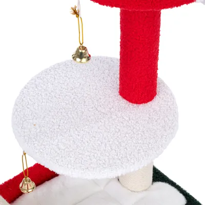 Plateforme d’arbre à chat en tissu blanc avec poteau rouge, deux clochettes dorées suspendues par des fils, poteau à griffer en sisal visible en bas.