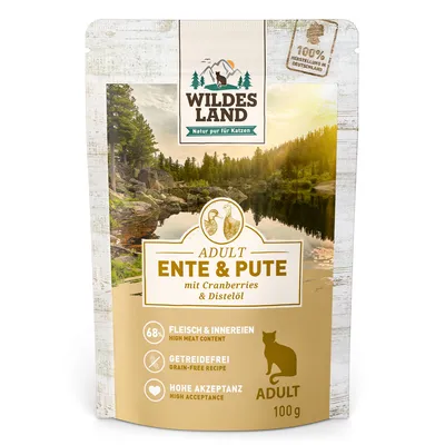 Wildes Land Adult Ente & Pute mit Cranberries und Distelöl, 100% hergestellt in Deutschland, 68% Fleisch & Innereien, getreidefrei, hohe Akzeptanz, für Katzen, 100g.