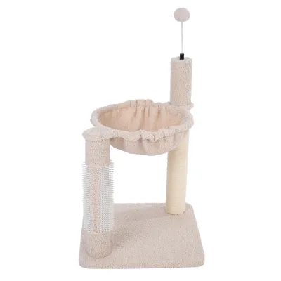 Beige scratching post with hammock, sisal pole, brush and play ball on spring. Suitable for cats to play and relax.