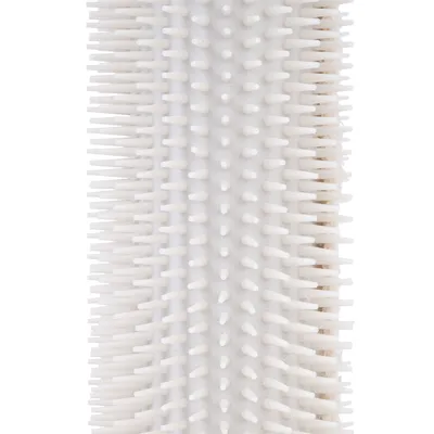 Close-up of a white brush with flexible plastic bristles, suitable for cleaning or care.
