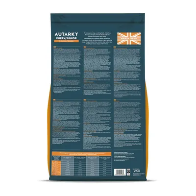 Back of Autarky Puppy/Junior Delicious Chicken bag showing feeding guide table, product description, ingredients list, and 'Made in the UK' label.