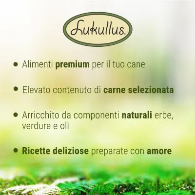 Lukullus. Alimenti premium per il tuo cane, elevato contenuto di carne selezionata, arricchito da componenti naturali erbe, verdure e oli. Ricette deliziose preparate con amore.