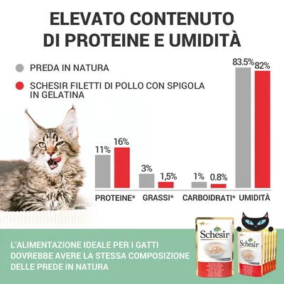 Grafico a barre: confronto tra preda in natura e Schesir filetti di pollo con spigola in gelatina per proteine 11%/16%, grassi 3%/1,5%, carboidrati 1%/0,8%, umidità 83,5%/82%.