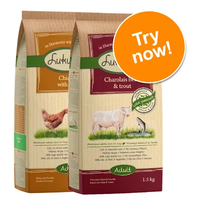 Lukullus Charolais beef & trout 1.5kg and Chicken with trout adult dog food bags, visible text includes 'Try now!' in orange circle, cold-pressed label shown