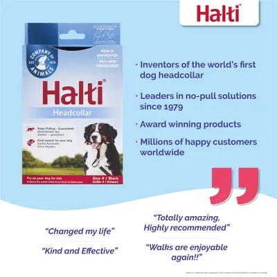 Halti Headcollar packaging with key points: inventors of the first dog headcollar, leaders in no-pull solutions since 1979, award winning products, millions of happy customers worldwide.