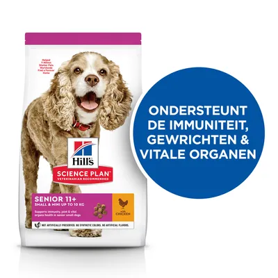 Hill's Science Plan Senior 11+ Small & Mini tot 10 kg hondenvoer met kip. Ondersteunt immuniteit, gewrichten en vitale organen. Verpakking toont brokjes en productinformatie.