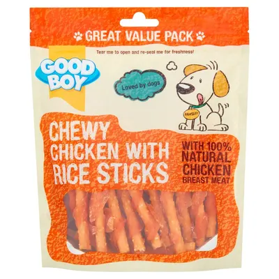 Chewy chicken with rice sticks, great value pack, made with 100% natural chicken breast meat. Label states loved by dogs. Resealable packaging shown.