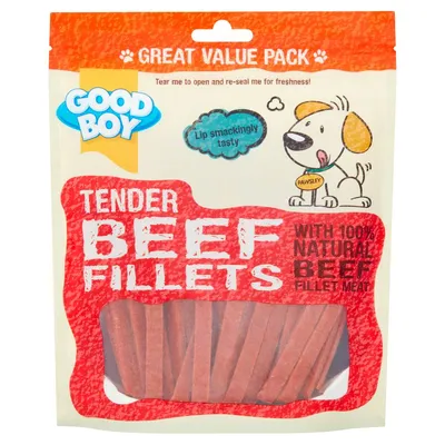 Tender beef fillets with 100% natural beef fillet meat, great value pack, lip smackingly tasty. Tear to open and reseal for freshness.