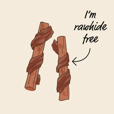 Illustration of two chew sticks wrapped in a darker coating with text indicating 'I'm rawhide free'.