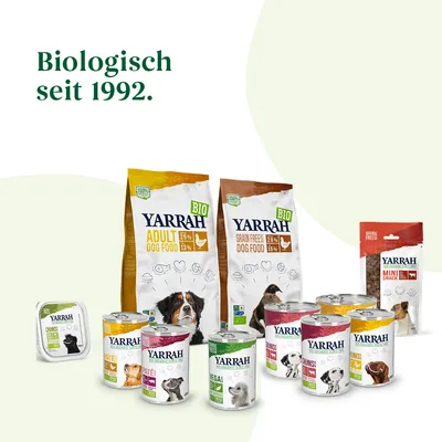 Yarrah Bio pasja hrana in prigrizki. Različni izdelki: suha hrana, mokra hrana in mini prigrizki. Besedilo: ekološko od 1992.