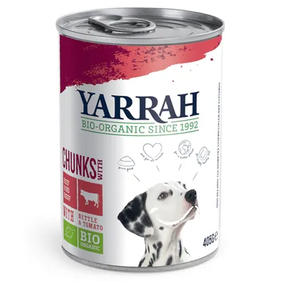 Yarrah Bio-Organic Since 1992 koiran märkäruoka, naudanlihaa, nokkosta ja tomaattia, BIO ORGANIC, tölkki 405 g. Kuvassa dalmatialaiskoira.