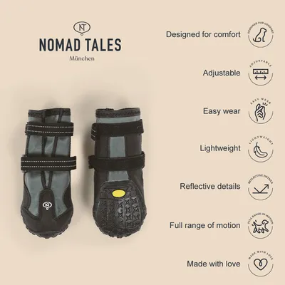 Nomad Tales München обувь для собак. Характеристики: комфортные, регулируемые, легко надевать, легкие, светоотражающие элементы, полная свобода движений, изготовлены с любовью.