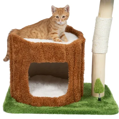 Rascador con cueva de aspecto tronco de árbol, base verde, superficie de sisal para rascar y juguete. Gato tumbado sobre la cueva.