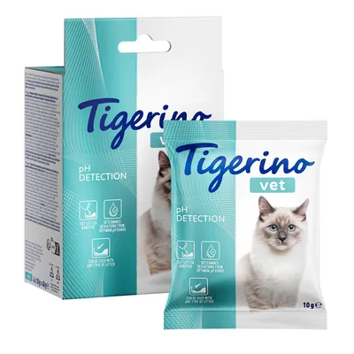 Tigerino vet pH Detection, macskaalom adalék az optimális pH-értéktől való eltérések felismerésére. Minden alomtípushoz alkalmas, csomagoláson macska látható.