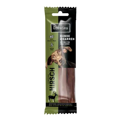 Chewies Hunde Zigarren mit Hirsch, 98% Muskelfleisch, getreidefrei. Achtung Suchtpotenzial! Verpackung zeigt Hund und Produkt.