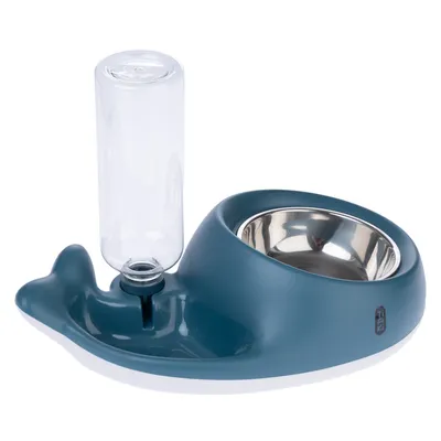 Futternapf mit integriertem Wasserspender, blaues Design, Edelstahlschale und transparentem Wasserbehälter.