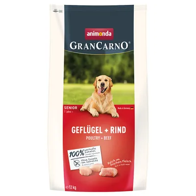 animonda GranCarno Senior 7 Jahre+ Geflügel + Rind, 12 kg. Sans céréales, riche en viande fraîche. Texte en allemand et anglais sur l'emballage.