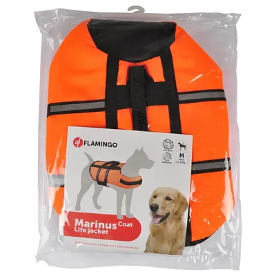 Flamingo Marinus Coat Life Jacket, σωσίβιο για σκύλους, μέγεθος M, ανακλαστικό, κατάλληλο για σκύλους 10-25 κιλών. Χρώμα: πορτοκαλί με μαύρες ρίγες.